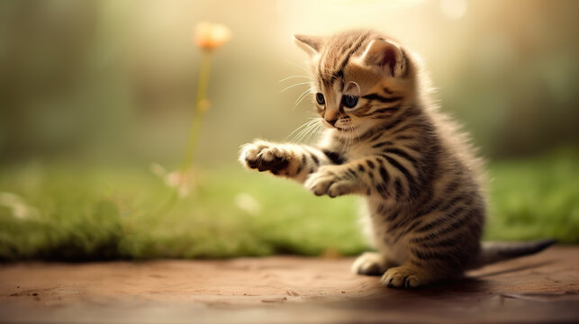 A kitten catches toy with its paw. Cat hunting, games.