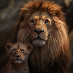 Portrait of a lion baby with father 