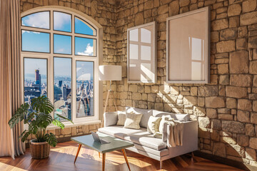luxurious loft apartment with arched window and panoramic view over urban downtown; noble interior living room design mock up; 3D Illustration