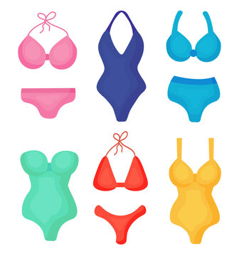 Summer women swimsuits collection. Bikini, swimwear set. Vector cartoon illustration.