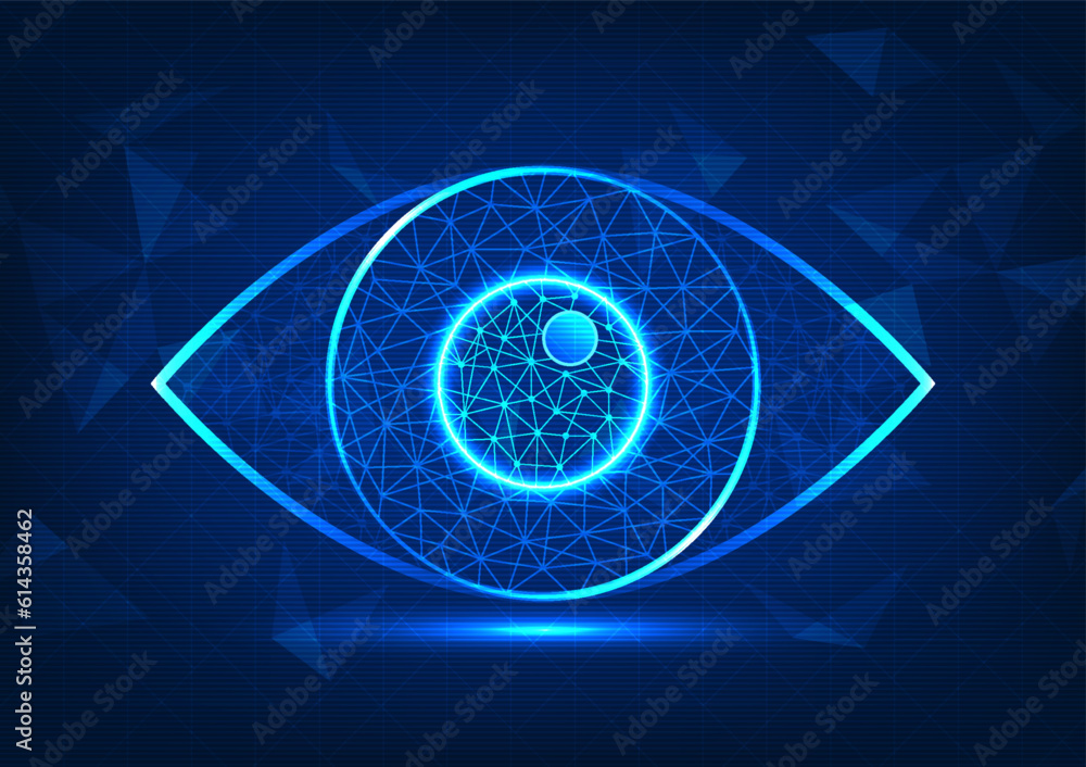 Poster eye technology with superimposed geometric shapes with stacked back lines. it conveys the speed of s