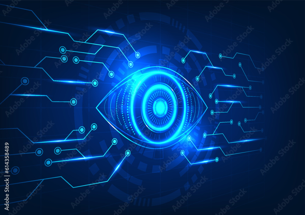 Poster eye technology connected to the technology circuit board with a technology circle behind the grid re