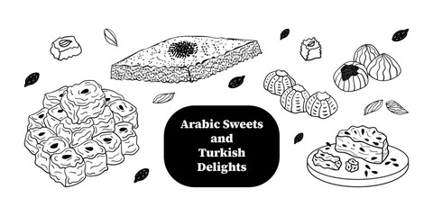 Set of hand drawn doodle traditional arabic and turkish desserts. Halva, Turkish delight, Maamoul, baklava. Isolated on white background.