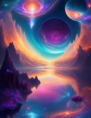 Obraz premium celestial realm, where ethereal beings thrive amidst kaleidoscopic time. Witness luminescent landscapes, vibrant flora on floating islands, and stardust creatures. Let your AI create an awe-inspiring 