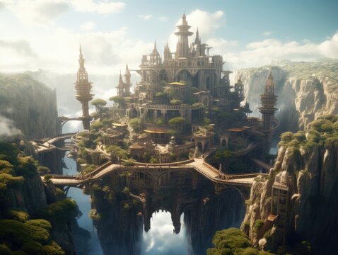 A fairy tale fantasy city floating on a cloudy sky, old and futuristic architecture connect the city with a bridge. Generative AI