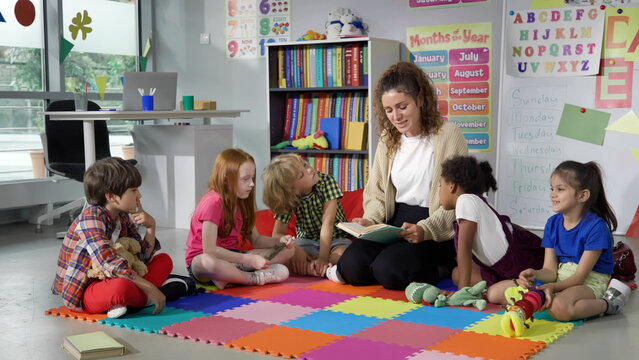 Female Teacher Reading Story To Group Of Elementary Pupils In School Classroom