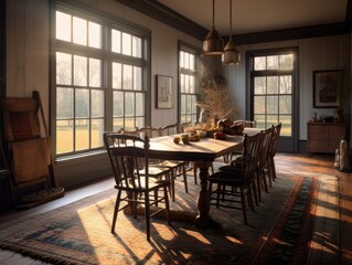 Wide angle view of the dining room table. The wooden floor is covered with carpet, and the room is lit by the sunlight that shines through the windows. Generative AI