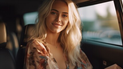 Beautiful blonde woman sitting in the car and looking towards the passenger seat into the camera.
