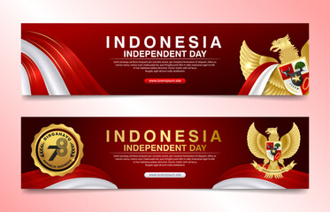 2023 indonesia independence day banner design with golden garuda, ribbon and indonesia flag