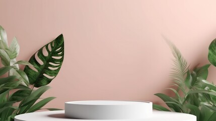 3D illustration platform podium with plant product presentation on pink background.
