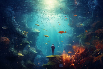 Obraz na płótnie Canvas Experience the awe-inspiring sight of a man standing amidst a captivating fantasy world beneath the waves, filled with magical wonders and surreal beauty