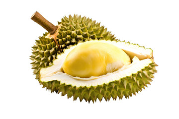 Obraz premium Durian fruit cut in half and leaves isolated on white background PNG