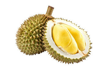Obraz premium Durian fruit cut in half and leaves isolated on white background PNG