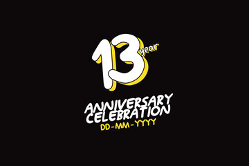  13rd, 13 years, 13 year anniversary with white character with yellow shadow on black background-vector