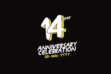  14th, 14 years, 14 year anniversary with white character with yellow shadow on black background-vector
