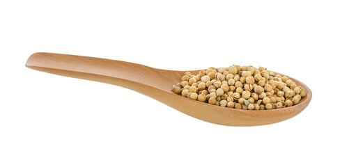 Coriander seeds in wood spoon on transparent png