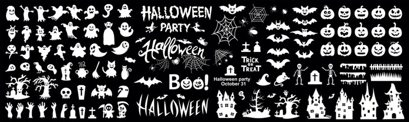 Big set of silhouettes of Halloween on a black background. Vector illustration