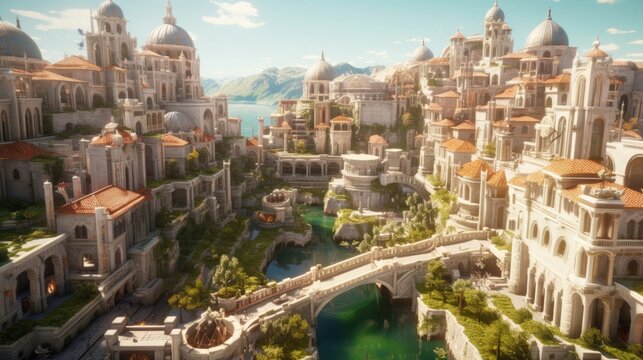 A fairy tale fantasy town is in the middle of water a bridge connects the city and sunlight shines on the city. Generative AI