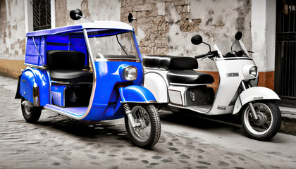 Blue and white motorcycle taxi,car on the street