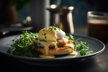 Delicious healthy English breakfasts with micro greenery close up. Burger with bacon and poached eggs in creamy mustard sauce. Generative AI. - obrazy, fototapety, plakaty