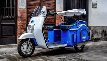 Blue and white motorcycle taxi,car on the street