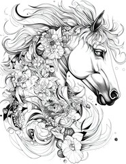 Horse portraits for coloring book. Generative AI