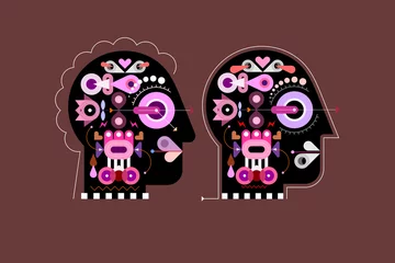 Gordijnen Two options of a Human head shape design includes many abstract different objects and elements isolated, flat style graphic illustration. ©  danjazzia