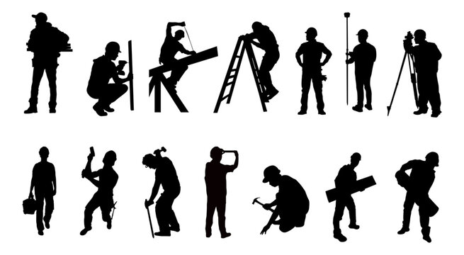 Set of construction workers silhouettes isolated vector illustration.