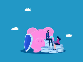 Insurance and savings. Business team sitting working with laptop on stack of money and piggy bank vector