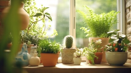 Fototapeta na wymiar Indoor garden on the windowsill. Home gardening concept. Green home houseplants in real room interior generative ai