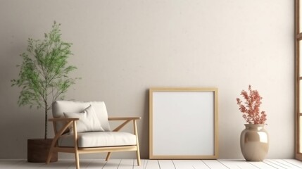 Interior poster mockup with vertical wooden frame in home interior background generative ai