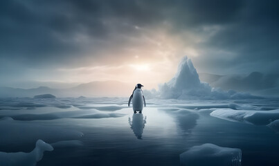 a penguin standing on a shard of ice about to melt Generative AI