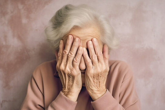 Sad desperate elderly woman with hands on her face