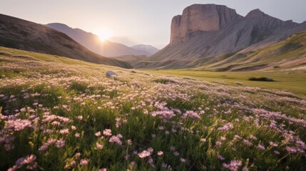 Naklejka na ściany i meble A sun-kissed landscape of grass and purple flower field basking in the light, mountains in the background. Generative AI