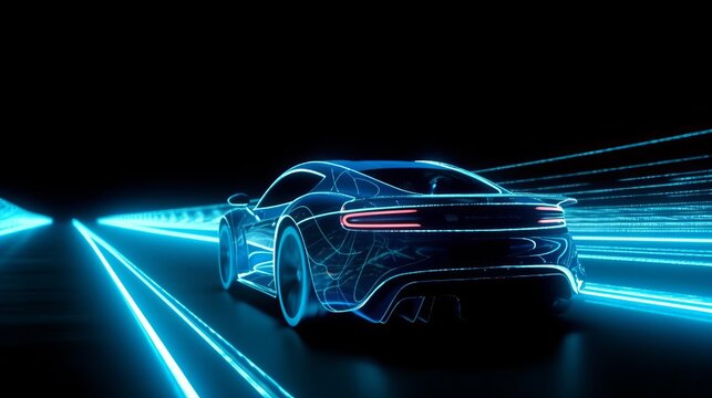 DETAILED SILHOUETTE OF A SPORTS CAR IN NEON COLORS DRIVING AT HIGH SPEED. GENERATIVE AI.