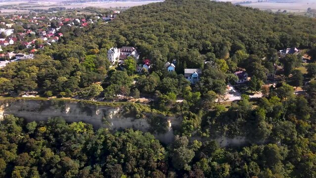 Bird's eye view over luxury houses on bluff over Lake Balaton, Fonyod, Hungary.