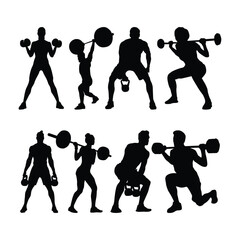 Sport gym woman and man silhouettes isolated on white background