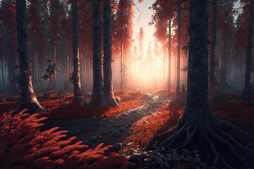 Red, ultra-realistic tropical rainforest,sunrise in the forest,rainy forest ,autumn in the forest