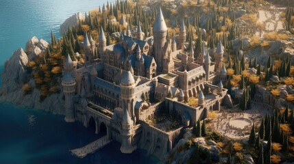 The magic castle is located by the lake a pine forest behind the castle, and sunlight shines on the castle. Generative AI