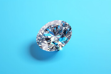 Above view of one beautiful brilliant gemstone with facets isolated on a flat blue background with copy space. Minimal creative concept. Generative AI 3d render illustration imitation.