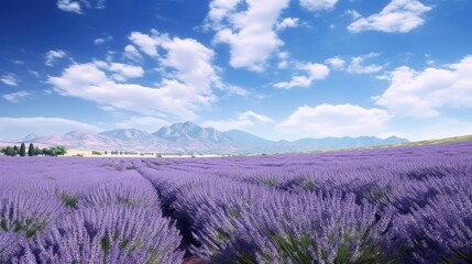 Fototapeta na wymiar A vast and serene lavender field stretching out into the distance, mountains and a bright sky in the background. Generative AI