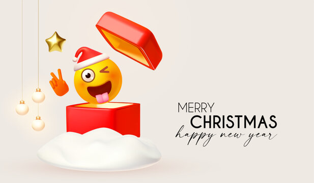 Merry Christmas and Happy New Year funny design template with smiling Santa Claus faces and gift box. Happy holidays.