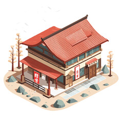 Japanese Onsen Ryokan in flat vector and isometric style