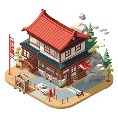 Japanese Onsen Ryokan in flat vector and isometric style