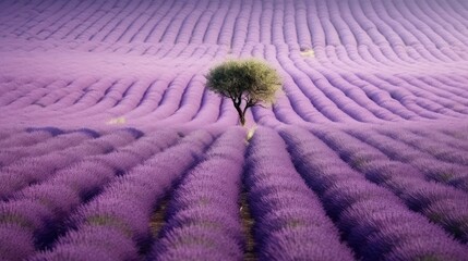 A vast and serene lavender field stretching out into the distance, a tree in the middle of the lavender field. Generative AI - obrazy, fototapety, plakaty
