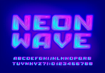 Neon Wave alphabet font. Neon glow futuristic letters and numbers. Stock vector typeface for your design.