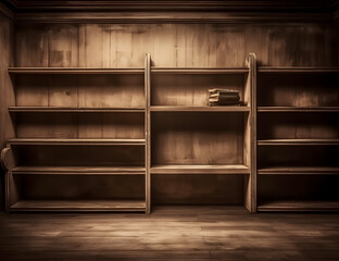 Old bookshelf in a room with wooden walls and floor. Generative AI