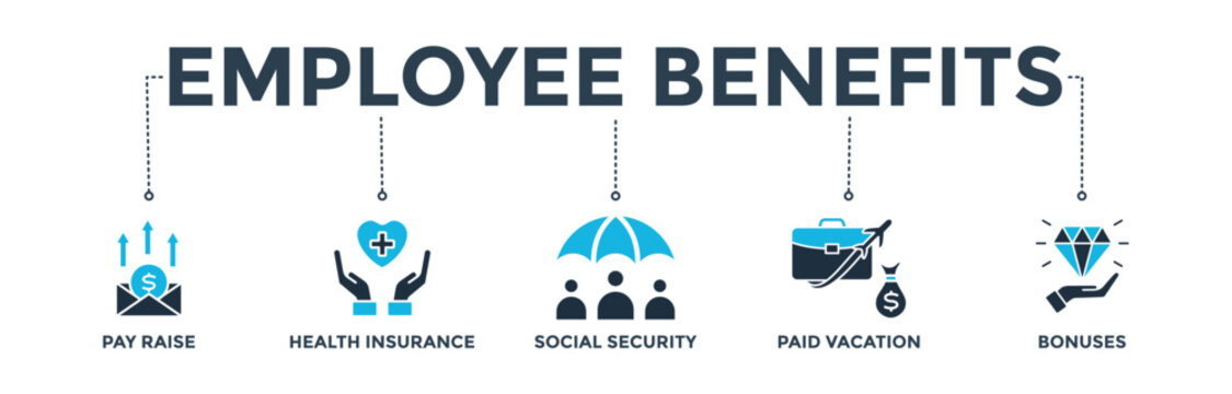 Employee benefits banner web icon vector illustration concept with icon of pay raise, health insurance, social security, paid vacation and bonuses