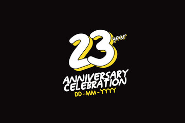  23rd, 23 years, 23 year anniversary with white character with yellow shadow on black background-vector