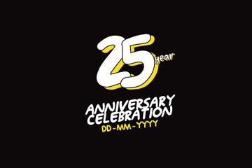 25th, 25 years, 25 year anniversary with white character with yellow shadow on black background-vector